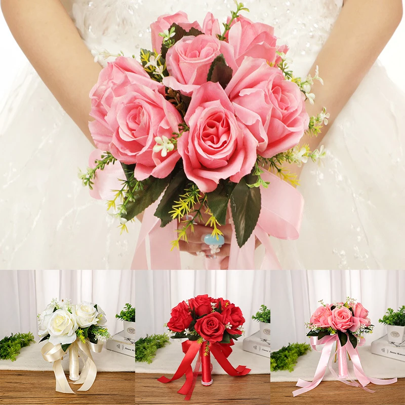 Silk Wedding Bouquets Holding Flowers Artificial Natural Rose Wedding Bouquet White Champagne Bridesmaid Bridal Party