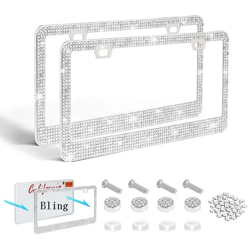 Luxury Stainless Steel License Plate Frame with Rhinestones for Women