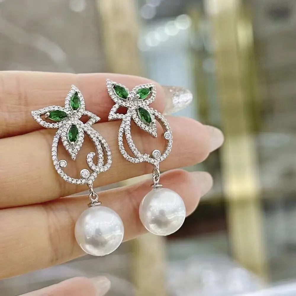 

charming 10-11mm south sea round white pearl dangle earring 925s