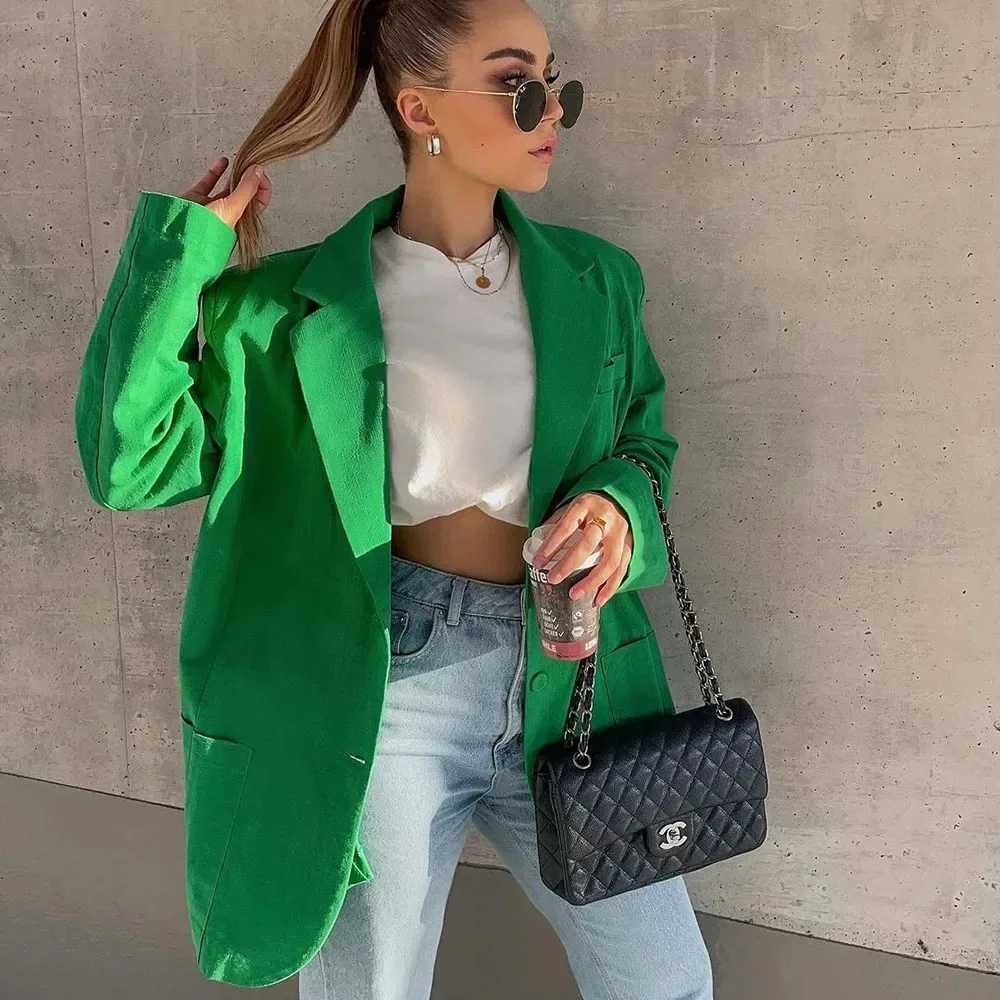 

Elegant Vintage za Women Blazer 2022 Cotton Linen Suit Jacket Green Streetwear Loose Office Lady Single Breasted Casual Jackets