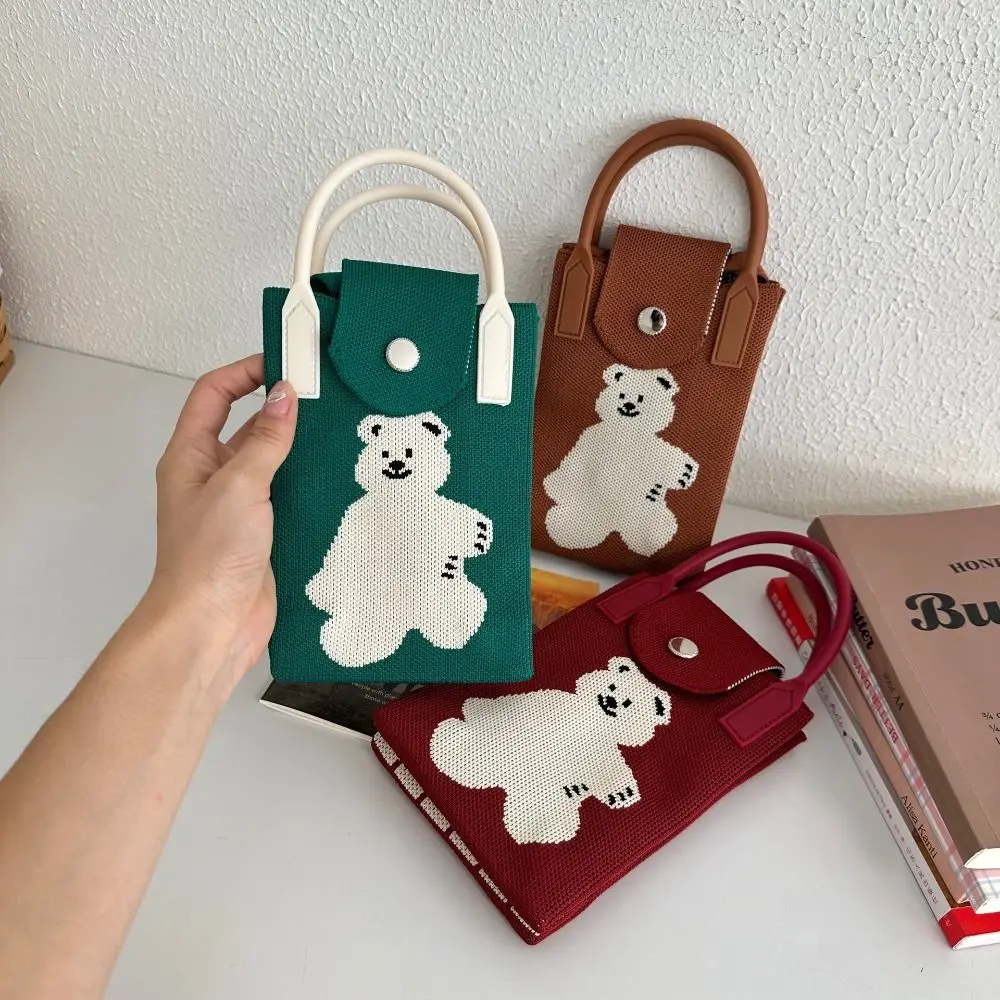 

Bear Knit Handbag Reusable Knit High-capacity Knot Wrist Bag Cartoon Phone Bag Women