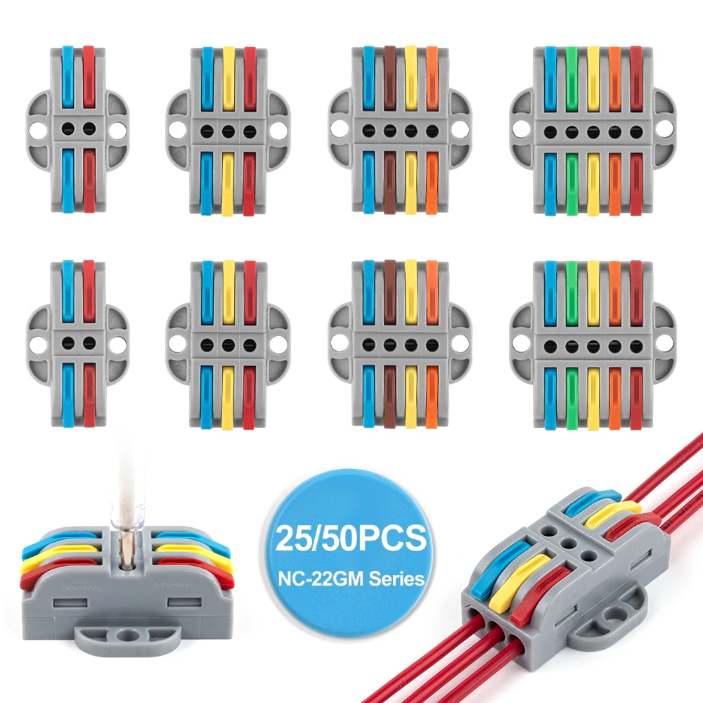 25/50Pcs Connettori A Filo Rapido Leva A Colori Terminali Per Cavi Elettrici Push-In Con Foro Di Fissaggio Luce Led Multiplex Di Testa