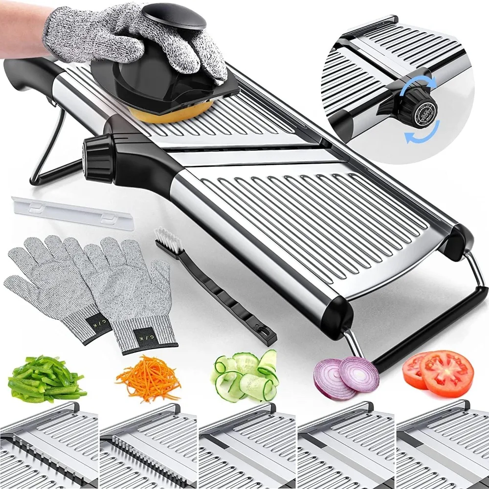 

Adjustable Mandoline Food Slicer,Potato, Tomato, Carrot , Onion Slicer -Stainless Steel -INCLUDING One Pair Cut-Resistant Gloves