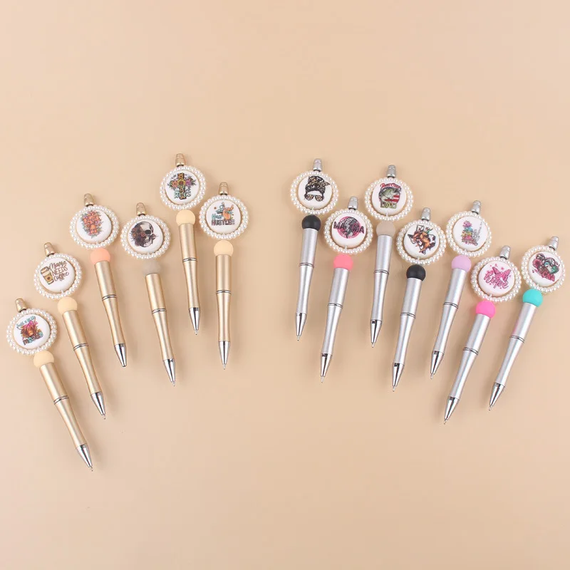 

Pearl Ring Cartoon Round Printed Beaded Pen Gold Silver Plastic Multi-functional Ballpoint Pen