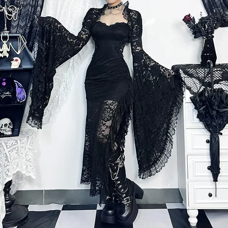 Gothic Classic Lace Cover Ups Women Mesh Crop Top See Through Sexy Flare Sleeve Blouse Y2k Black Rave Outfit Festival 2