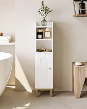 Mobiletto portaoggetti da bagno, piccolo mobiletto angolare con anta e ripiani, mobiletto stretto per carta igienica, per piccoli spazi 1