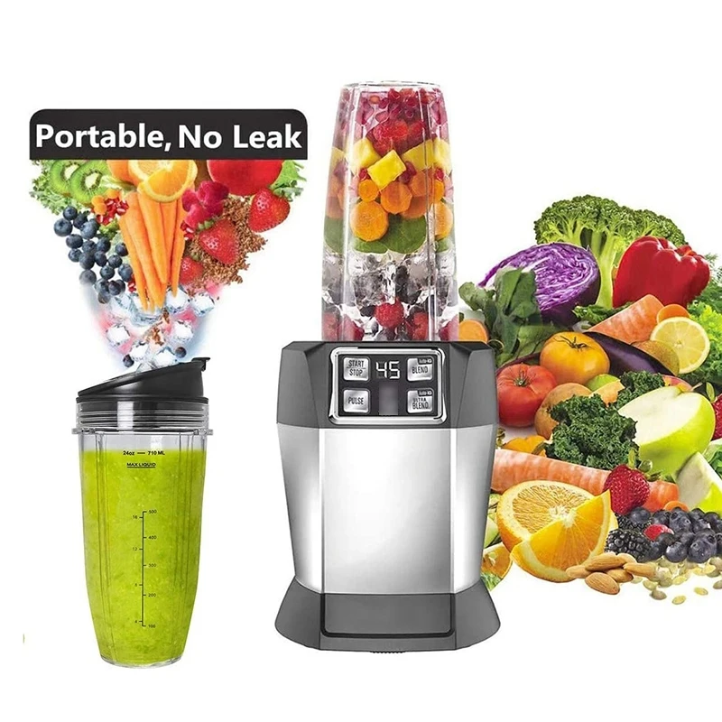 2 Pack Replacement 24Oz Cup with Spout Lid for Nutri Ninja Auto IQ Series Blenders with BL450/BL454/BL456/BL480/BL481