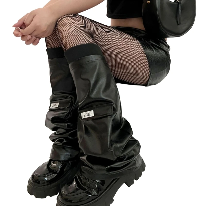 Womens PU Leathers Leg Warmers Long Leg Sleeve Socks Warm Adult Girls Boot Socks Party Casual Streetwear T8NB
