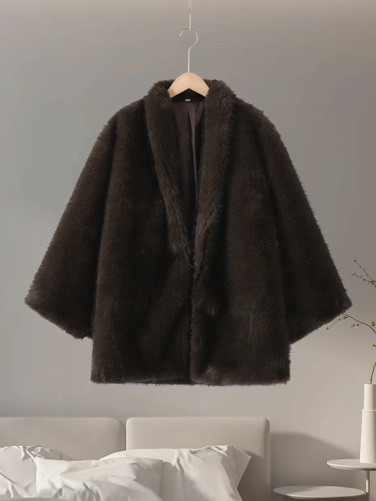 Damen-Wintermäntel, Midi-Kunstpelzmantel, Herbst 2022, weiblich, luxuriös, langärmelig, übergroß, warme Jacke, schicke Damen-Oberbekleidung, Neu – Detail 3