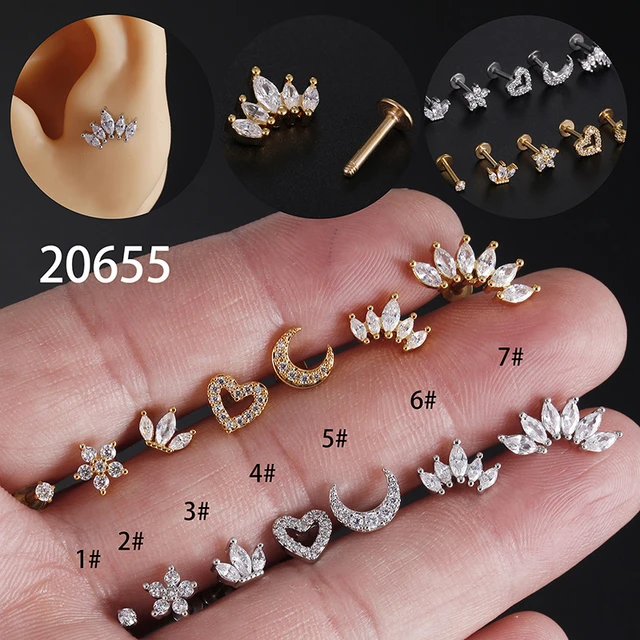 Triple Helix Flat Back Stud Earrings 2-5m Prong Set 16G 1/4 Tragus Jewelry  Ring