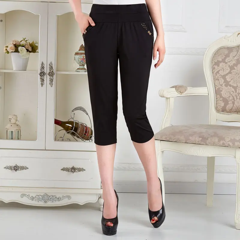 Female Clothing High Waist Elastic Pants Summer Thin Casual Solid Color All-match Fashion Diamonds Pockets Spliced Capri Pants