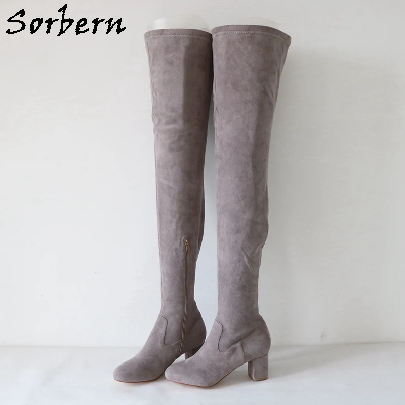 

Sorbern 7Cm Block Heel Boots Women Grey Faux Suede Winter Style Plush Lining Shoes Drags Custom Wide Calf Low Heels Unisex