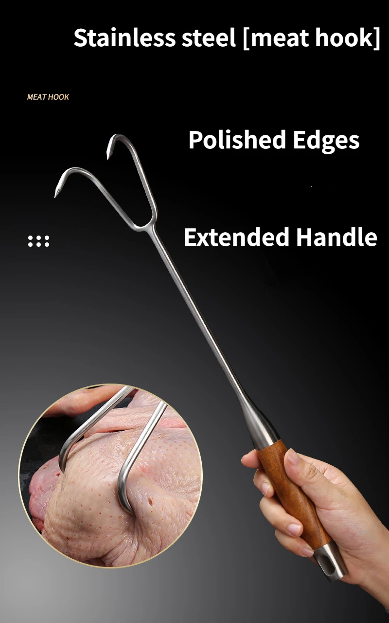 Description Picture 2 of itemFishing Meat Hook Stainless Steel Material Pear Wood Handle Hook Roast Bacon Roast Duck Marinated Meat Double Hook Meat Fork