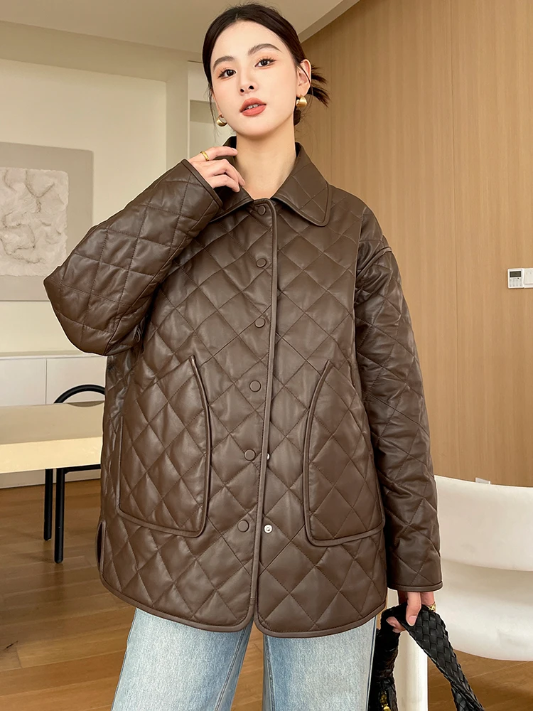 

High-end Genuine Leather Winter Quilted Jackets Women 2024 New Trend Loose-fit Simple Warm Natural Sheepskin Down Coat