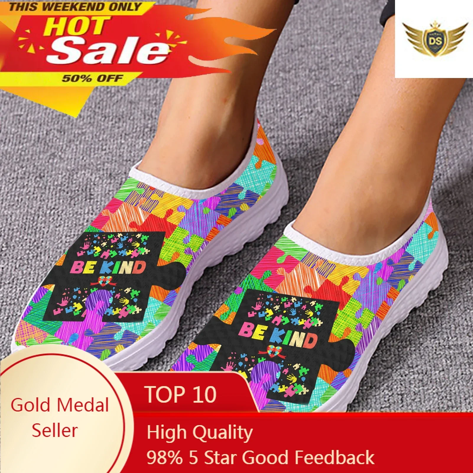Autism Awareness Themed Design Mesh Shoes Comfortable Leisure Shoes Breathable Casual Sneakers Soft Soled Shoes