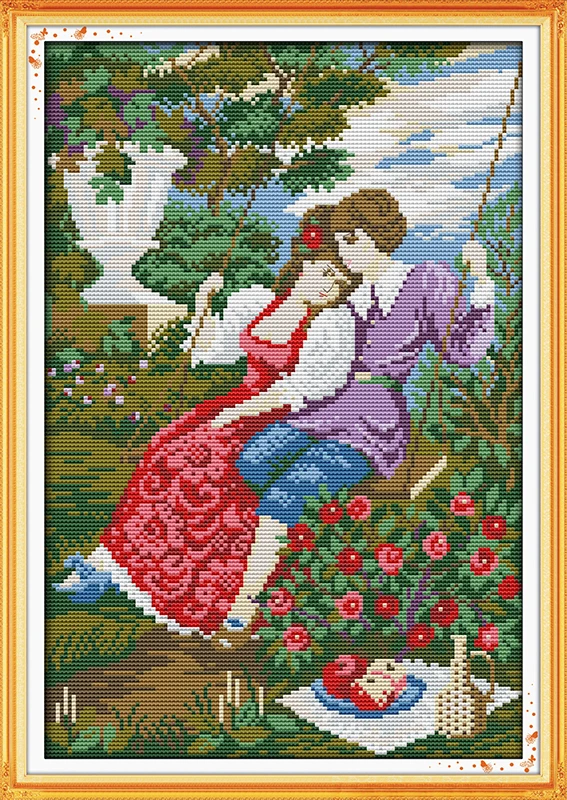 

Полный набор для вышивки крестиком с набором узоров, влюбленные на качели, штампованная ткань, напечатанная без рисунка, домашний декор