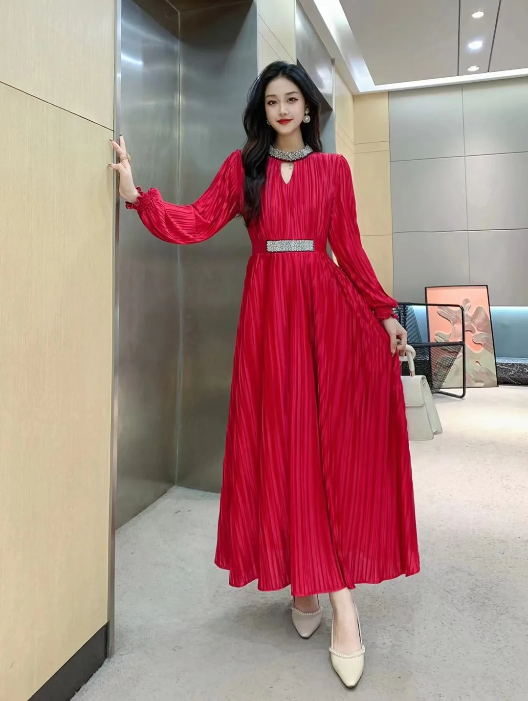 2024 High End Round Neck Lantern Long Sleeved Waist Cinched Pleated Studded Pearl Style Dress for Women  Long Dresses