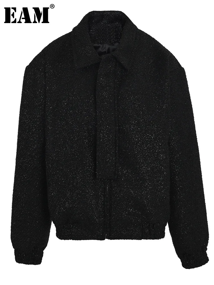 

[EAM] Black Bright Silk Big Size Thick Woolen Coat New Lapel Long Sleeve Women Jacket Fashion Tide Autumn Winter 2024 CPG1027