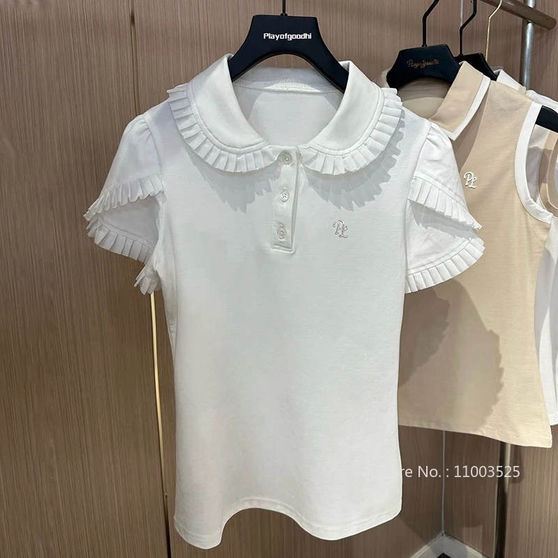 Women Golf Clothing Shirt Korean Elegant Short Sleeve Slim Quick Dry Tops Ruffle Pleated Tennis Jerseys
