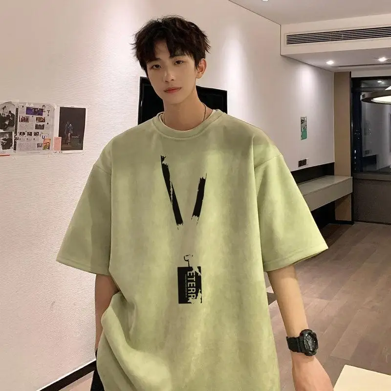 

Avocado green suede t-shirt men's summer American heavy tops trendy dopamine wear small neckline short sleeves men clothing tops