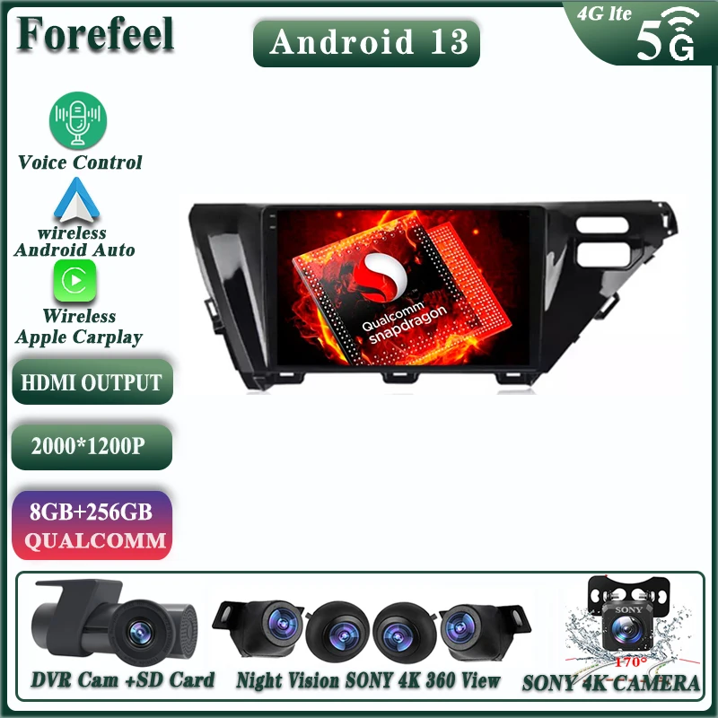 Android 13 For Toyota Camry 8 XV 70 2017 2018 2019 2020 Multimedia Car Monitor Screen Vehicle Navigation Stereo Radio Dash Cam