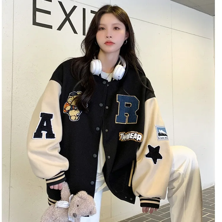 New Autumn and Winter Padded Baseball Jersey Women American Retro Loose Sweater Women Jacket 3