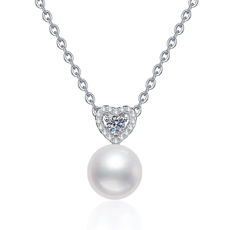 Natural freshwater pearls 925 Sterling Silver 0.5ct D Color Moissanite Heart Pendant Necklace For Women Sparkling Jewelry