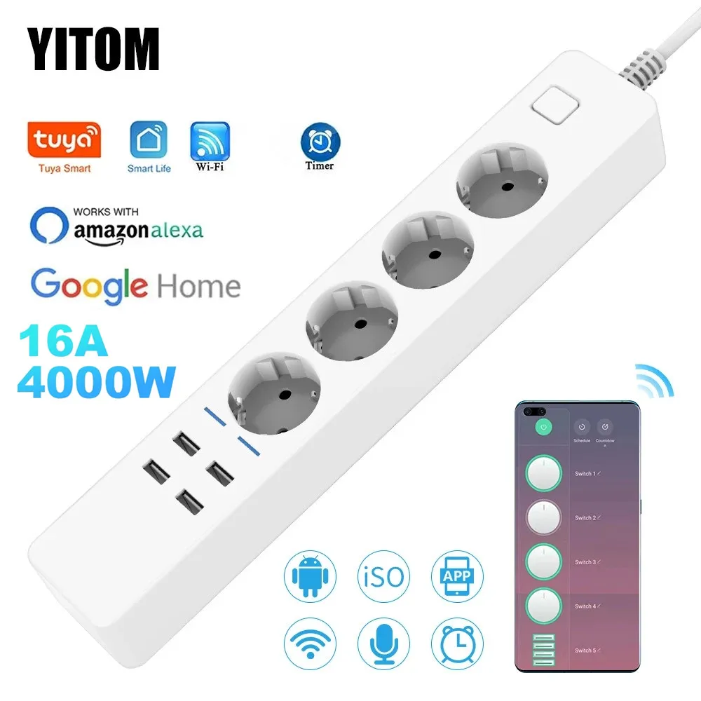 Smart Power Strip Wifi 4 EU Outlets Plug 4 USB Charging Port Timing App  Voice Control Work with Alexa Google Home Assistant