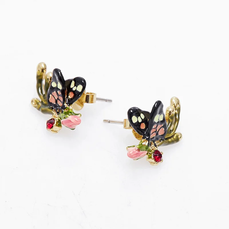 French Fashion Enamel Glaze Pink Rose Blossoms Black Butterfly Asymmetric Earrings Rural Style Female Wedding Ear Decoration