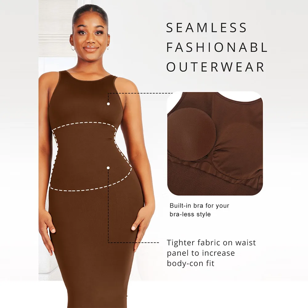 Shaping Bodysuit Tummy Control Seamless Backless Built-In Shapewear Modal Lounge Long Slip Dresse
