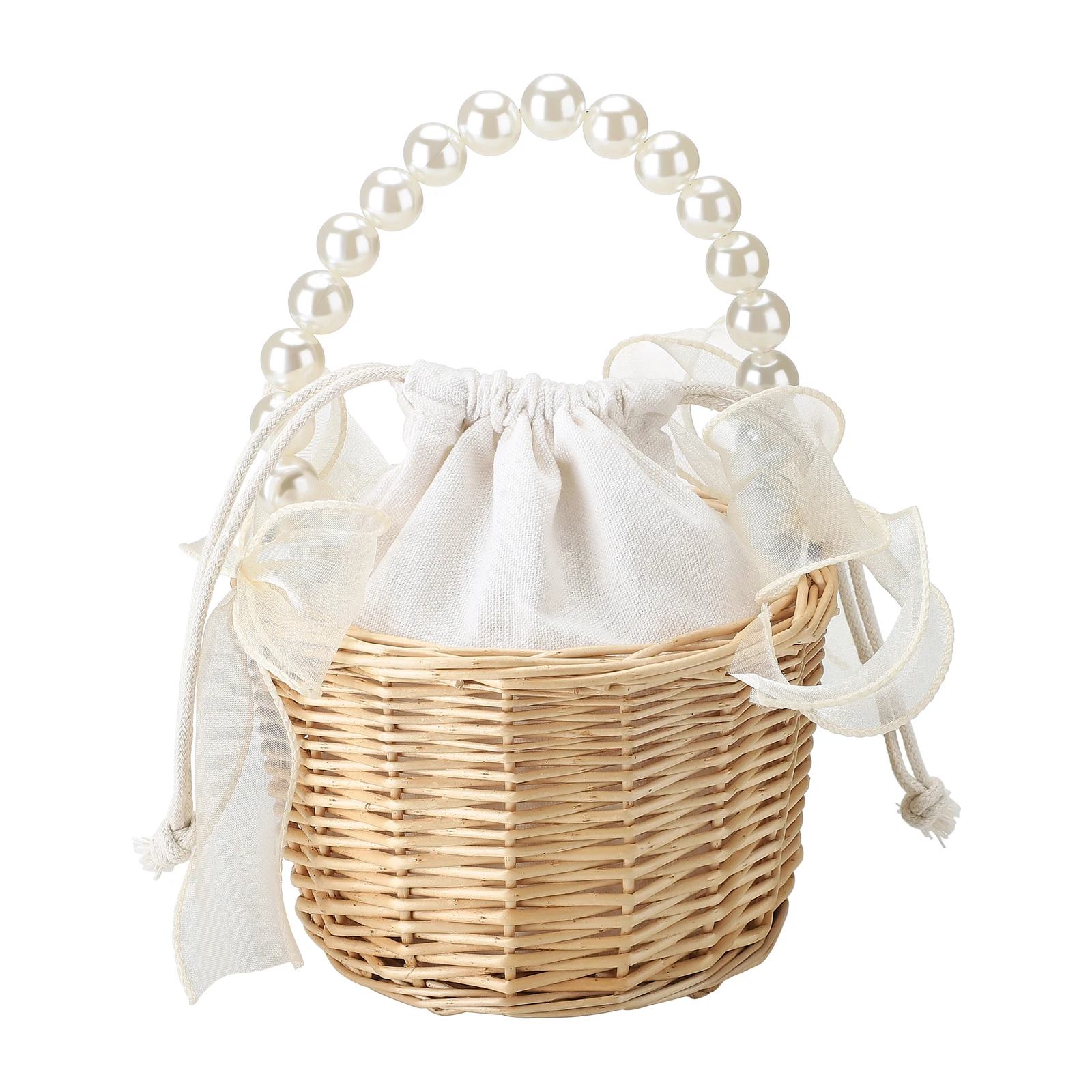 

Wedding Girl Handheld Flower Baskets With Pearl Handle Storage Box Rattan Picnic Basket Organizer Party Home Decoration Gift