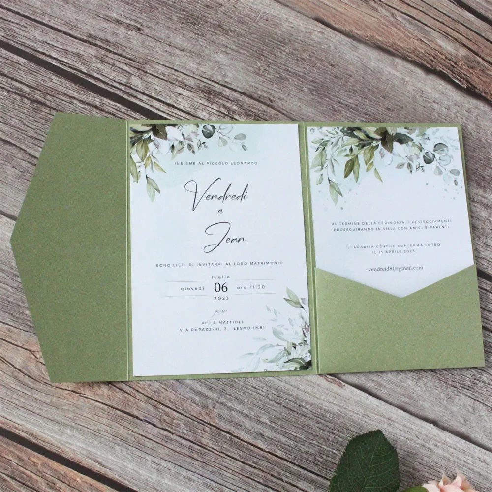 Olive Green Custom Wedding Invitation Maker Country Engagement Graduation Birthday Card Floral Inserts Design  250g Paper 50 Pcs