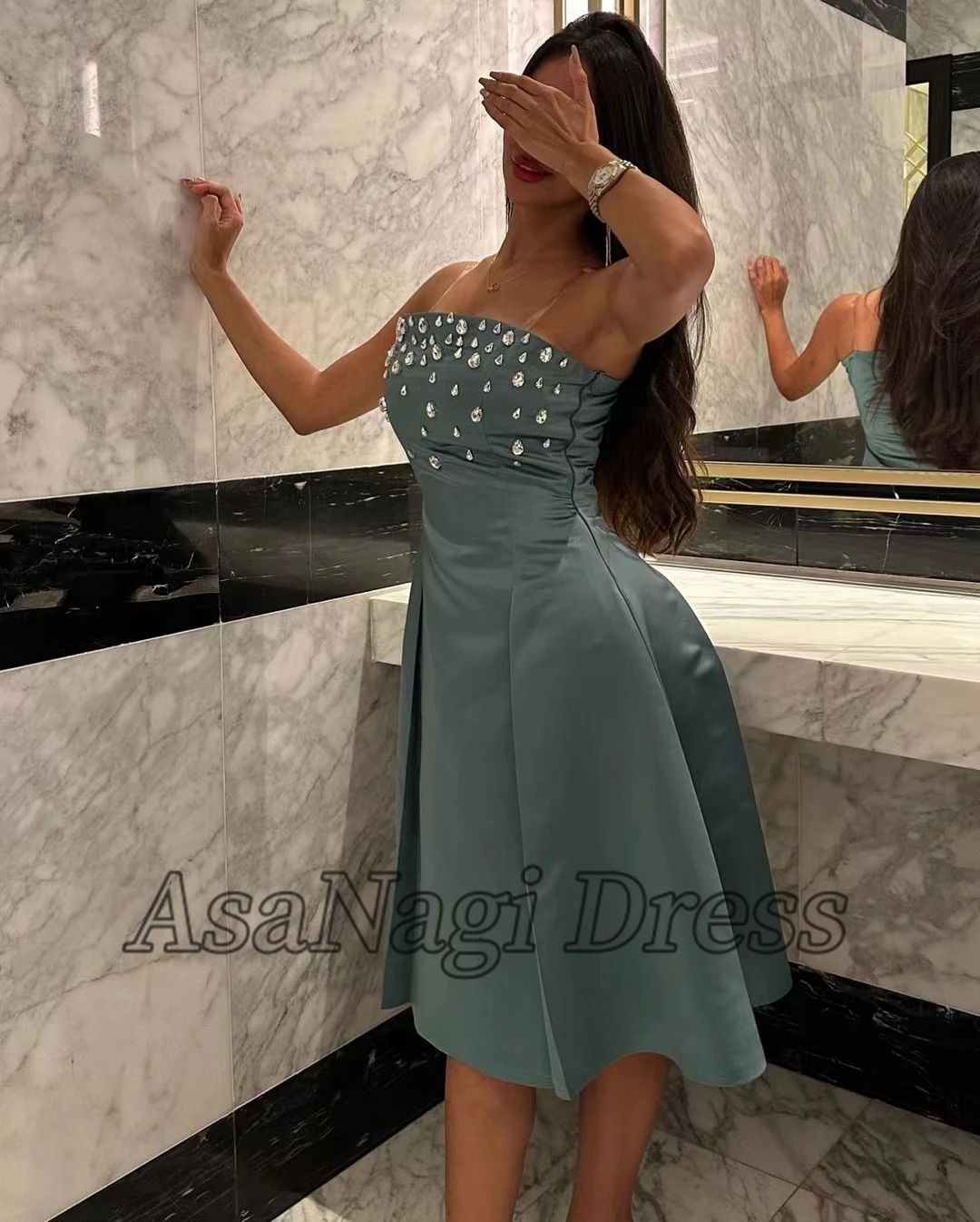 

AsaNagi Blue Satin Evening Short Dresses Crystal Spaghetti Knee-Length Formal Party Dress Robe De Soiree 2023 Saudi Arabic