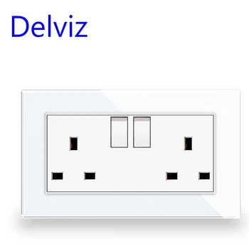 Delviz ที่ติดผนัง13A เต้ารับคู่ไม่มีโลโก้แผงกระจกคริสตัลเทมเปอร์สวิตช์ควบคุมเต้าเสียบสายไฟปลั๊กไฟฟ้ามาตรฐานของสหราชอาณาจักร 1