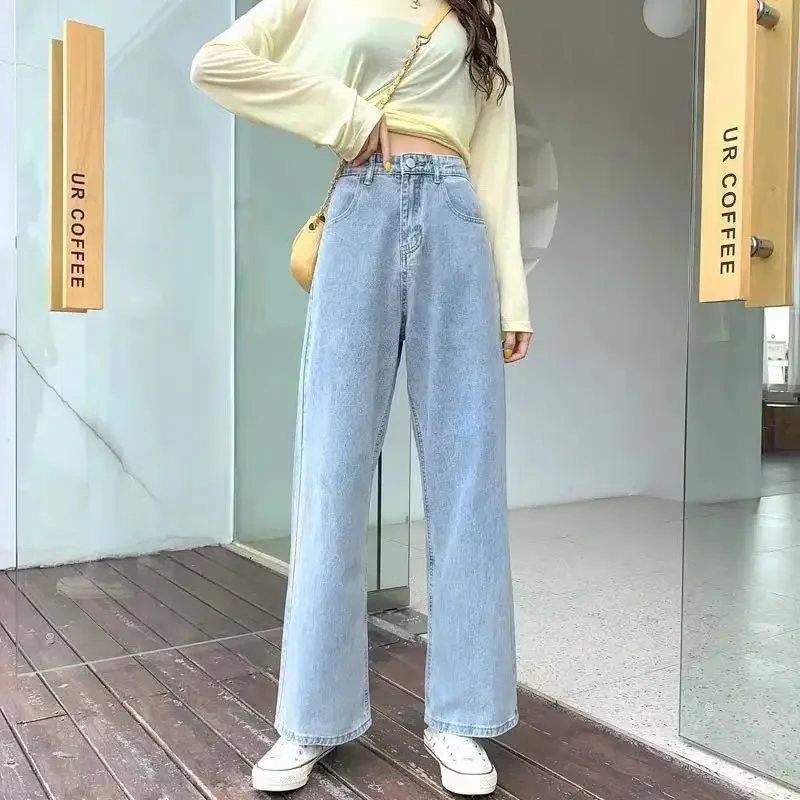 Light Blue Woman Jeans Loose Buttons Straight Jeans Women High Waist Casual Denim Pants New Korean Style Wide Leg Mom Pant 2023