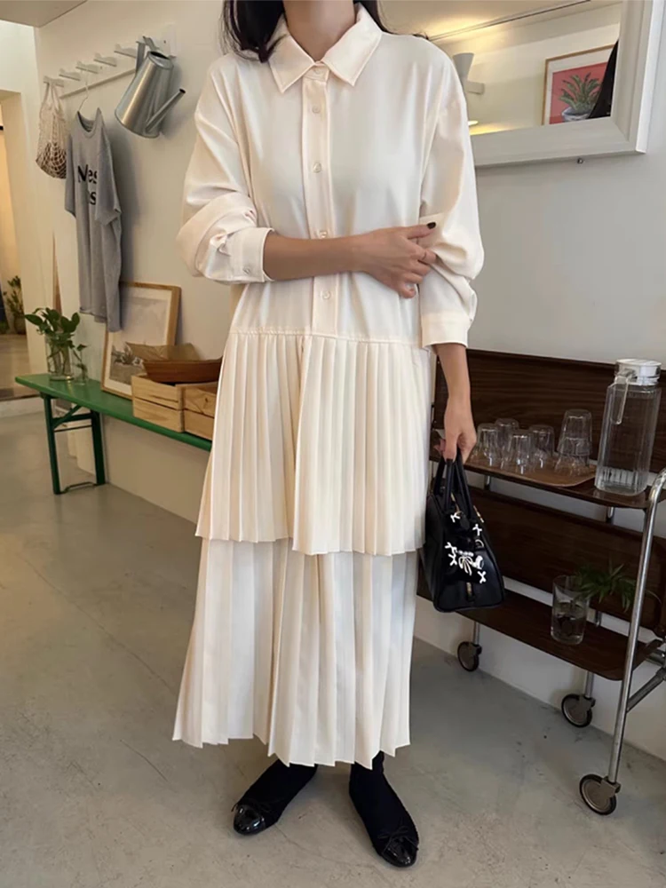 

SuperAen 2024 Korean Chic Spring New Vintage Elegant Flip Collar Single Breasted Panel Pleated Shirt Dress