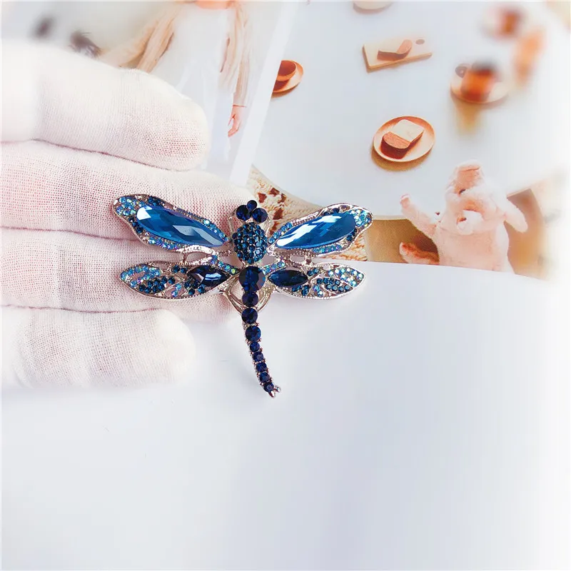 Blue Crystal Vintage Dragonfly Brooches for Women Insect Brooch Pins Dress Coat Accessories Rhinestone Badge Animal Jewelry