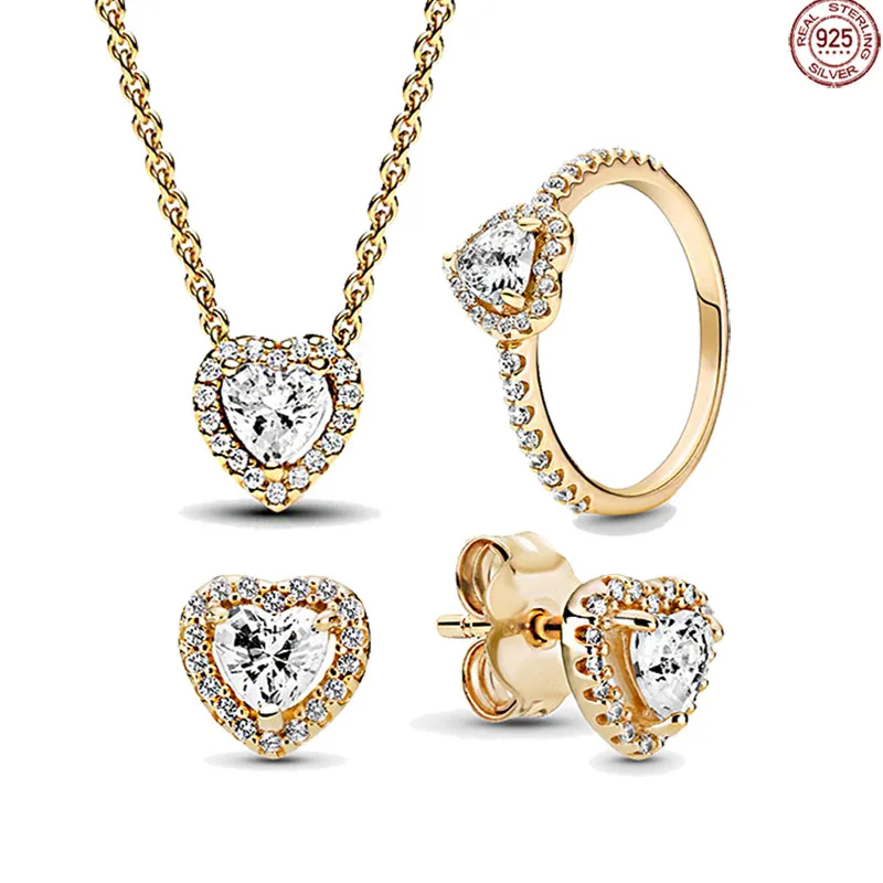 

Hot selling Gold Heart Series Jewelry Set 925 Sterling Silver Shining Heart Necklace Earrings Charming Luxury Jewelry Gifts