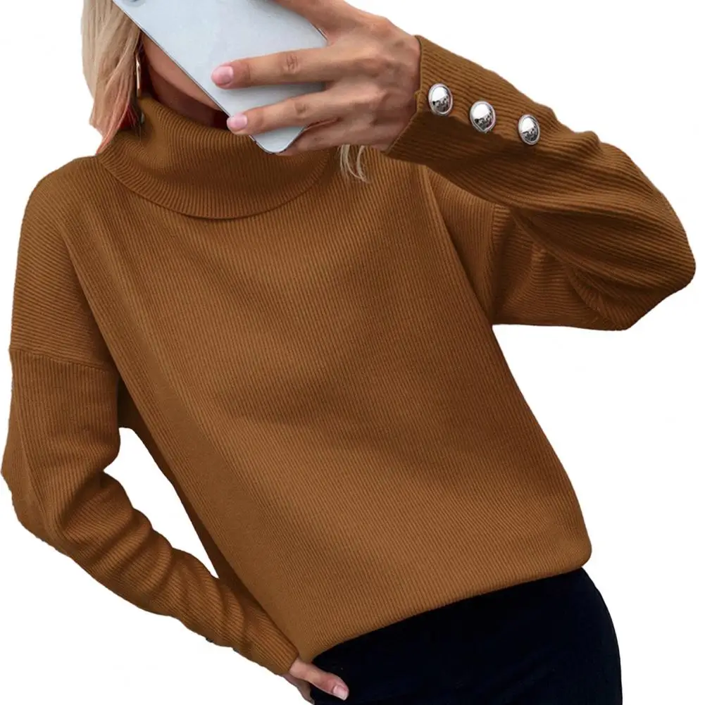 

Women Sweater Stylish Women's Ribbed Turtleneck Sweater Cozy Knitwear with Buttoned Cuffs Loose Fit for Autumn/winter Fashion