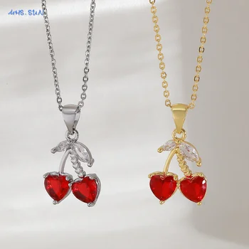 Zircon Red Cherry Pendant Necklace For Women Girls