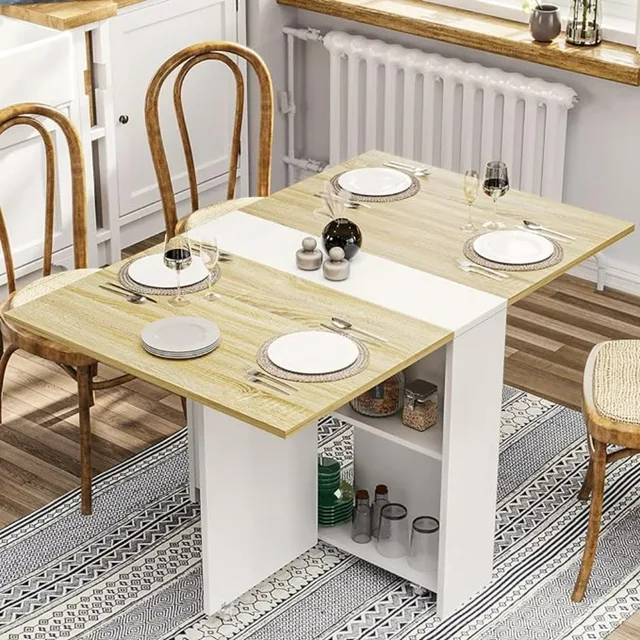 Folding Dining Table with 6 Casters, Drop Leaf Dining Table with Storage Shelves, Folding Kitchen Table for Small Apartments 1