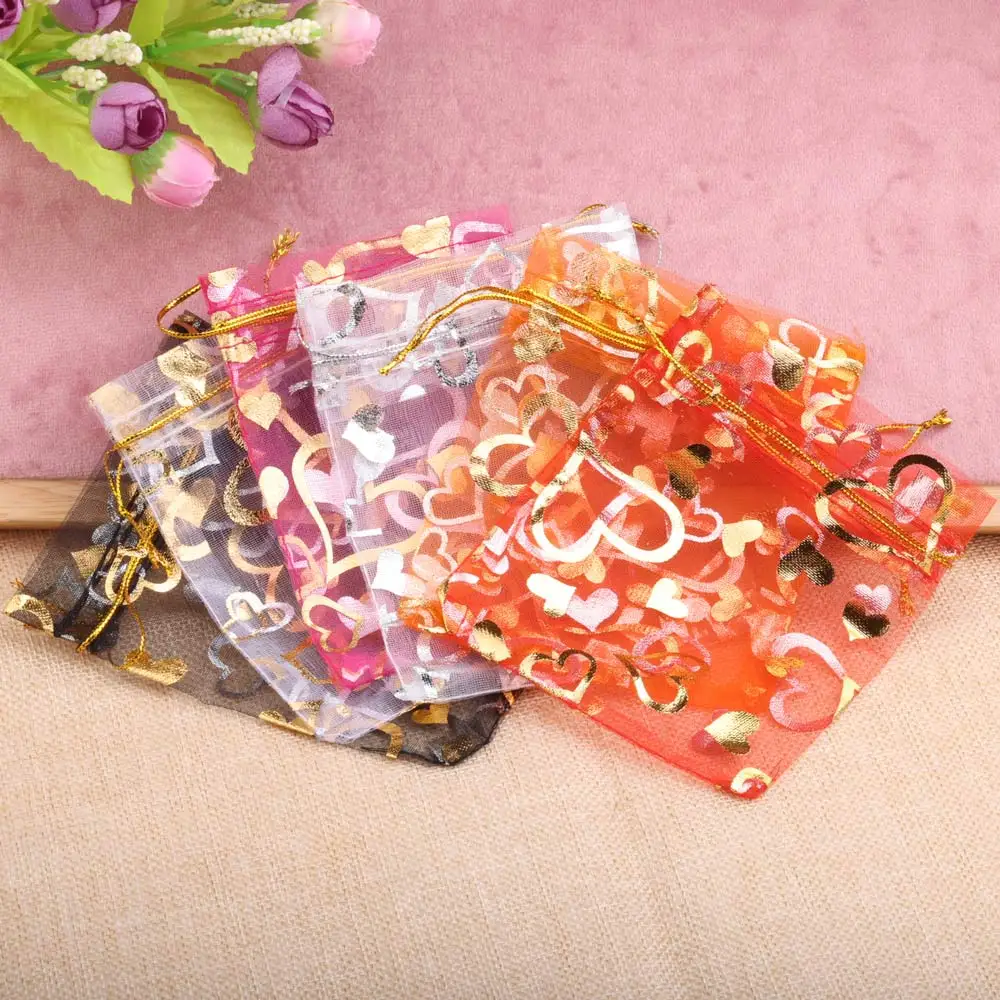 LFPU 50pcs 7x9cm Gold Color Heart Organza Bags Wedding Party Christmas Drawable Packaging Display Bag Candy Jewelry Gift Pouches
