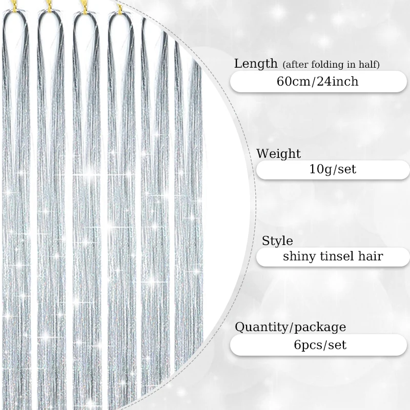 Synthetic 6PCS Sparkle Shiny Tinsel Hair Extensions Colored Long Straight Tinsel Kit 1200 strands Hairpiece for Girls Party Use