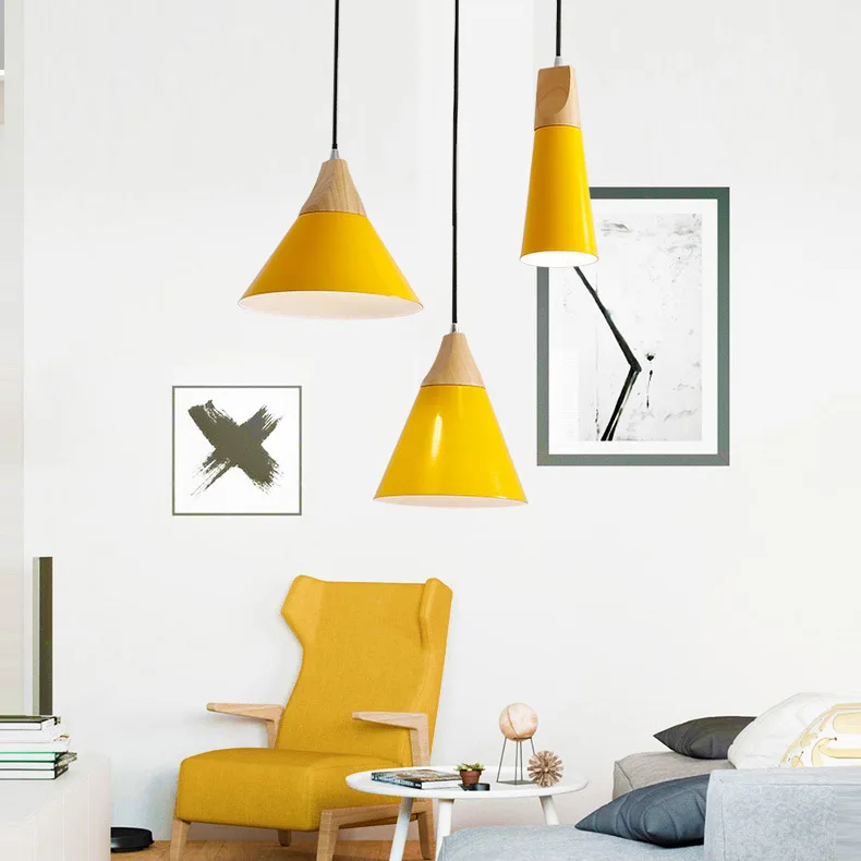 

Nordic personalized creative restaurant lamp solid wood three single head small chandelier modern simple Macaron bedside barlamp