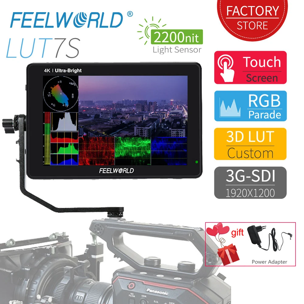

FEELWORLD LUT7S 7 Inch 3G-SDI 4KHDMI 2200nits 3D LUT Touch Screen DSLR Camera Field Monitor with Waveform VectorScope Histogram