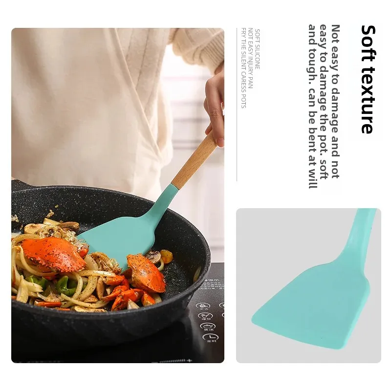 Nordic Pink Wood Handle Silicone Kitchen Utensil Set Combination Storage Bucket Soup Spoon 9 Piece Set 11 Piece 12