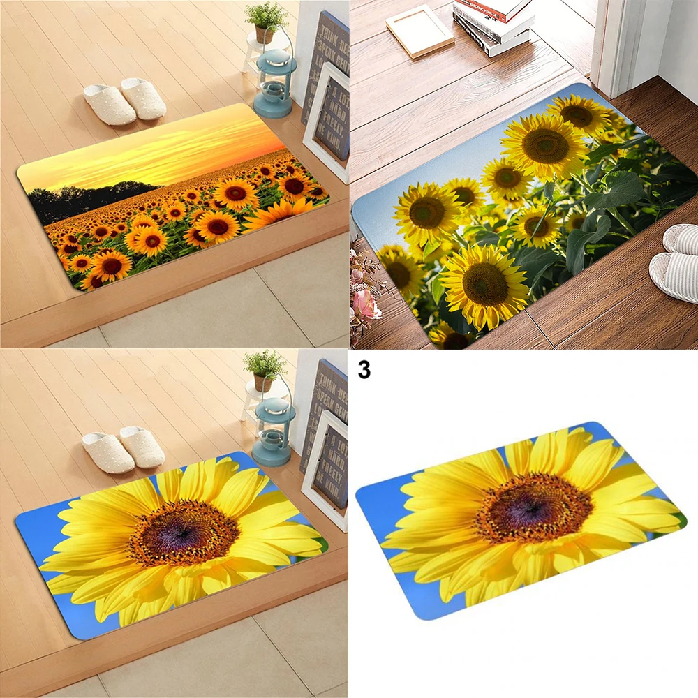 

Customizable Bathroom Bedroom Living Room Rug Non-slip Flannel Floor Mat Kitchen Home Sunflower Printed Entrance Door