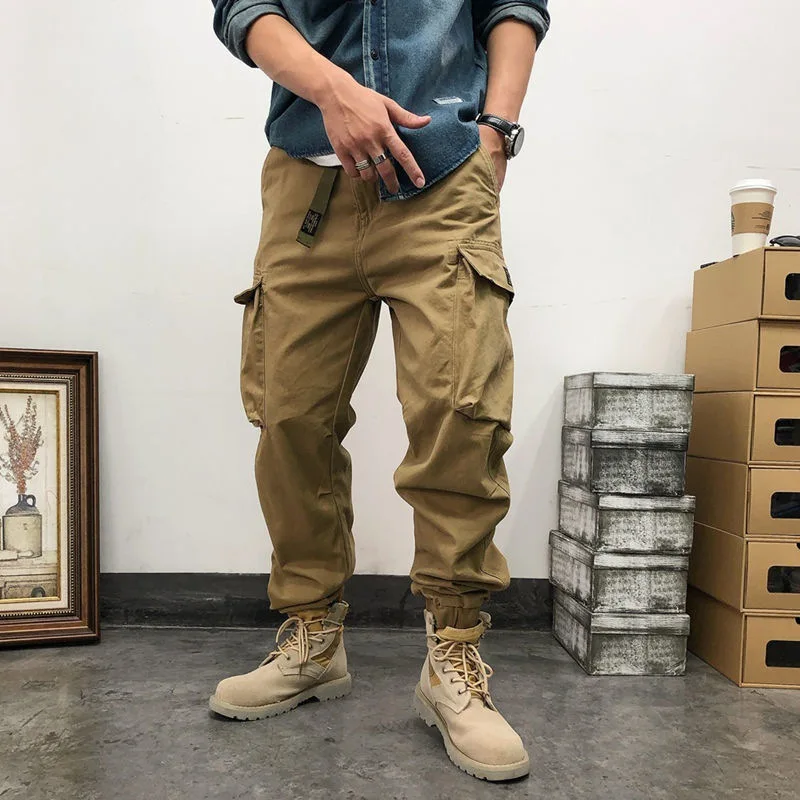 

Men's Spring Multi-Pockets Cargo Pants Casual Slim Fit Joggers Pant Fashion Male Streetwear Drawstring Cotton Work Long Trousers