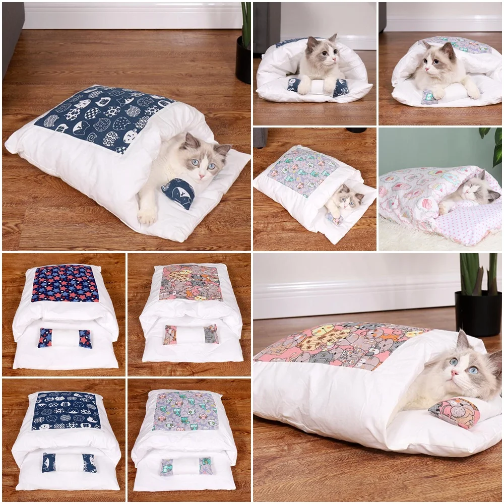 

Японская кровать для кошек, теплый спальный мешок для глубокого сна, зимняя Съемная кровать для домашних животных, Лежанка для кошек и собак, подушка с подушкой