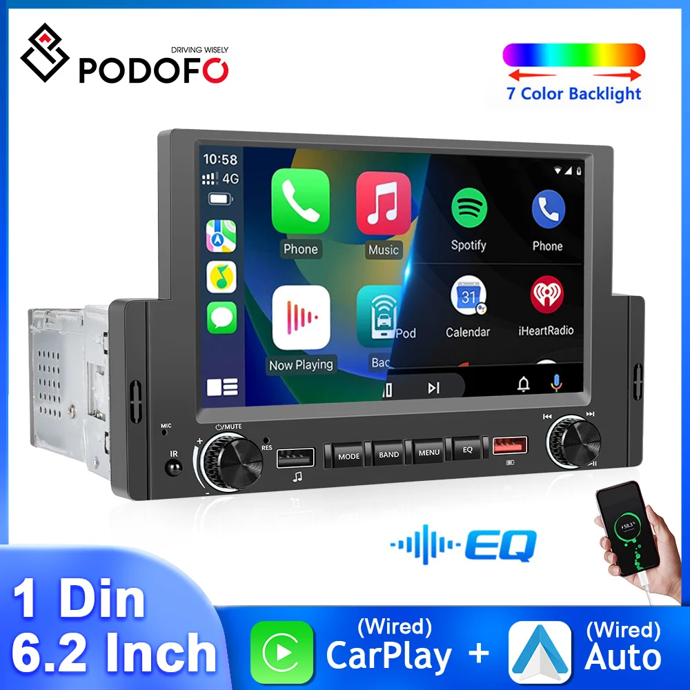 

Podofo 6.2'' Car Radio 1Din Universal Mp5 Automotive Multimedia Touch Screen Wired Carplay Android Auto Mirror Link Car Stereo